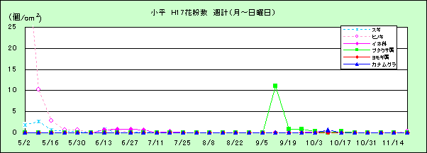 平成17年夏から秋の花粉：小平の花粉飛散状況