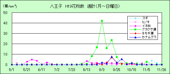 平成19年夏から秋の花粉：八王子の花粉飛散状況