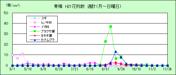 平成21年夏から秋の花粉：青梅の花粉飛散状況