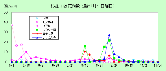 平成21年夏から秋の花粉：杉並の花粉飛散状況