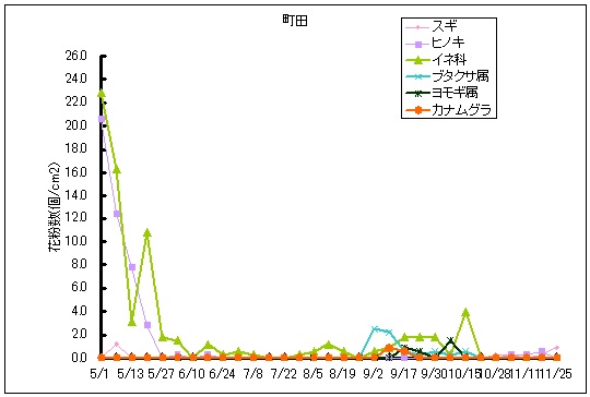 平成25年夏から秋の花粉：町田の花粉飛散状況