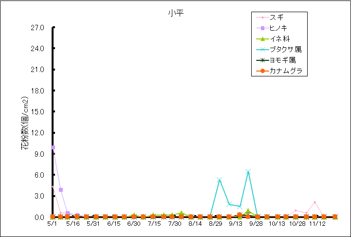 平成26年夏から秋の花粉：小平の花粉飛散状況