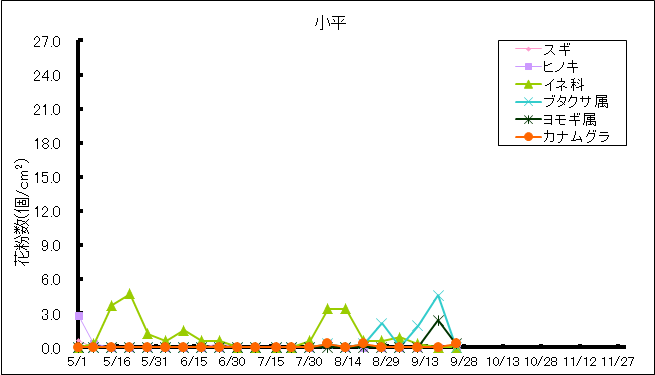 平成30年夏から秋の花粉：小平の花粉飛散状況