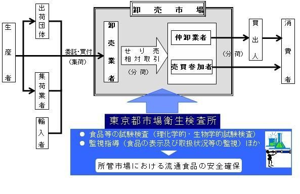 図　卸売市場を経由する食品の流れと市場衛生検査所の役割