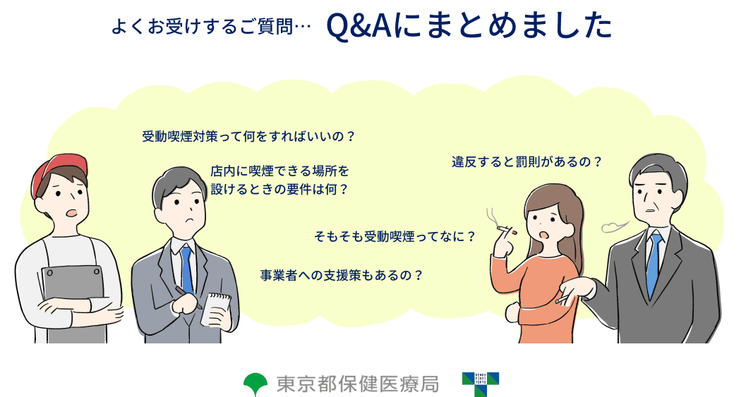 よくお受けするご質問 Q&Aにまとめました 受動喫煙対策って何をすればいいの？ 違反すると罰則があるの？ 店内に喫煙できる場所を設けるときの要件は何？ そもそも受動喫煙ってなに？ 事業者への支援策もあるの？