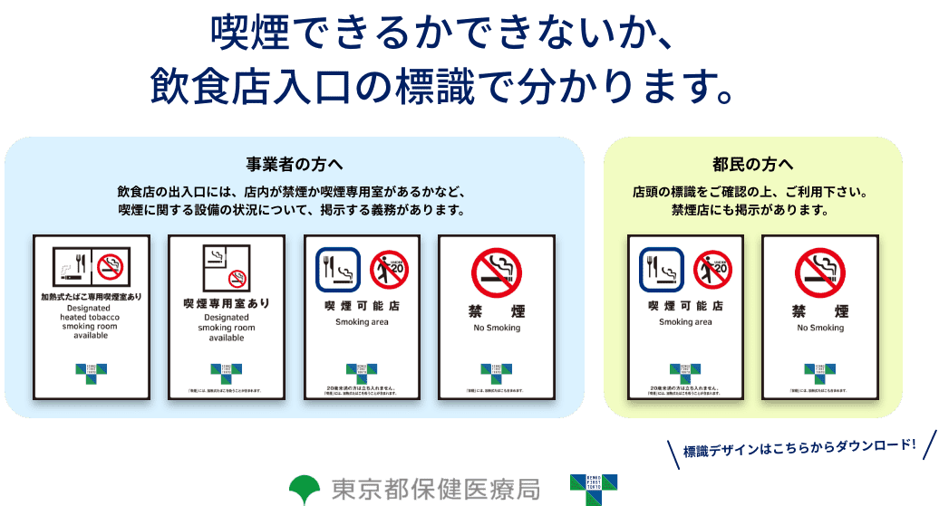 喫煙できるかできないか、飲食店入口の標識でわかります。 事業者の方へ 飲食店の出入口には、店内が禁煙か喫煙専用室があるかなど、喫煙に関する設備の状況について、掲示する義務があります。 都民の方へ 店頭の標識をご確認の上、ご利用下さい。禁煙店にも掲示があります。 標識デザインはこちらからダウンロード！