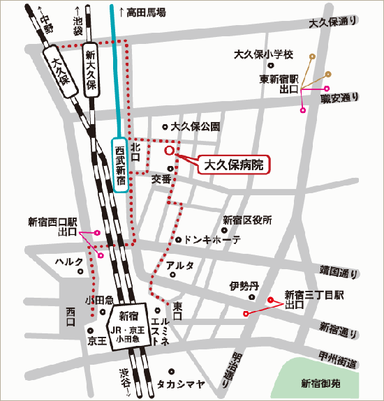 東京都立大久保病院のアクセスマップ