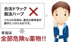 合法ドラッグ・脱法ハーブ、これらの名称は違法な販売者が勝手につけたものです。本当は全部危険な薬物。