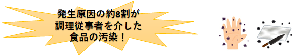 発生原因の約8割が調理従事者を介した食品の汚染！