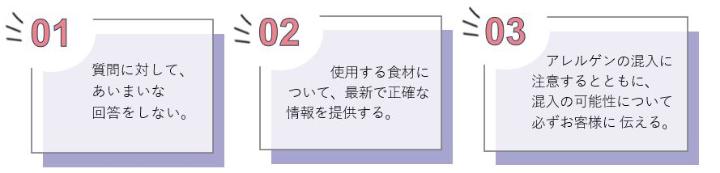 1．質問に対して、あいまいな回答をしない。2．使用する食材について、最新で正確な情報を提供する。3．アレルゲンの混入に注意するとともに、混入の可能性について必ずお客様に伝える。